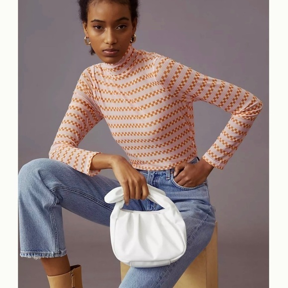 𝅺Anthropologie Maeve Sheer Mesh Turtleneck Top Orange Geometric Print NWT - Picture 14 of 14